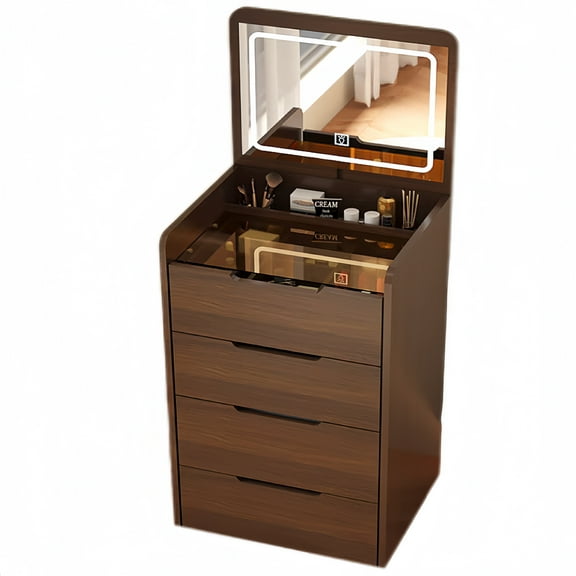 Miniyam Vanity Desk with Lighted Flip Mirror, Drawers and Storage Stool for Adults, Walnut