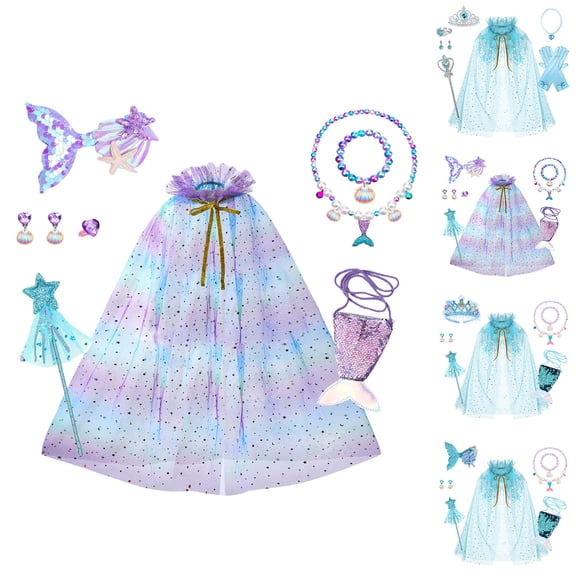 FASHOFT Summer Outfits Set For Girls Party With Star Wand Glitter Headband Jewelry Cape For Birthday Dress Up Cloak Girl Clothing Sets Blue