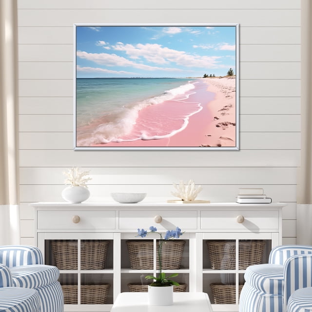 Designart Beach framed wall Art, Pink Simplicity Beach Landscape I , coastal Beach Large framed wall art decor, Pink Nautical & Coastal White Framed Wall Art, 44x34 inches White Color Frame