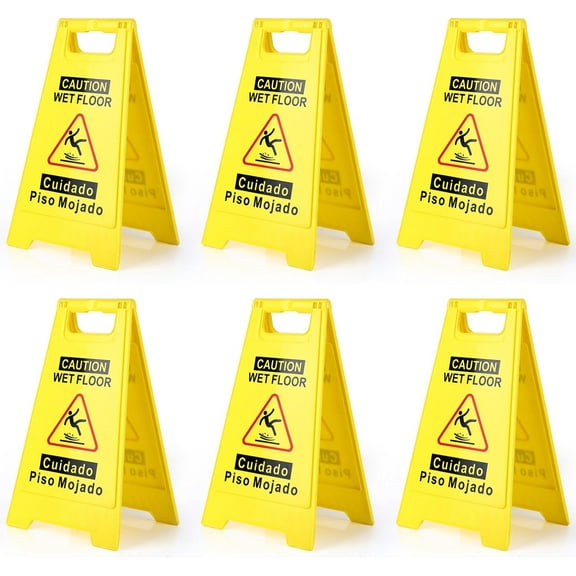 6-Pack Caution Wet Floor Sign,17.5" Height,Bright Yellow Double-Sided Folding A-Shaped Frame Design, Bilingual Caution Message
