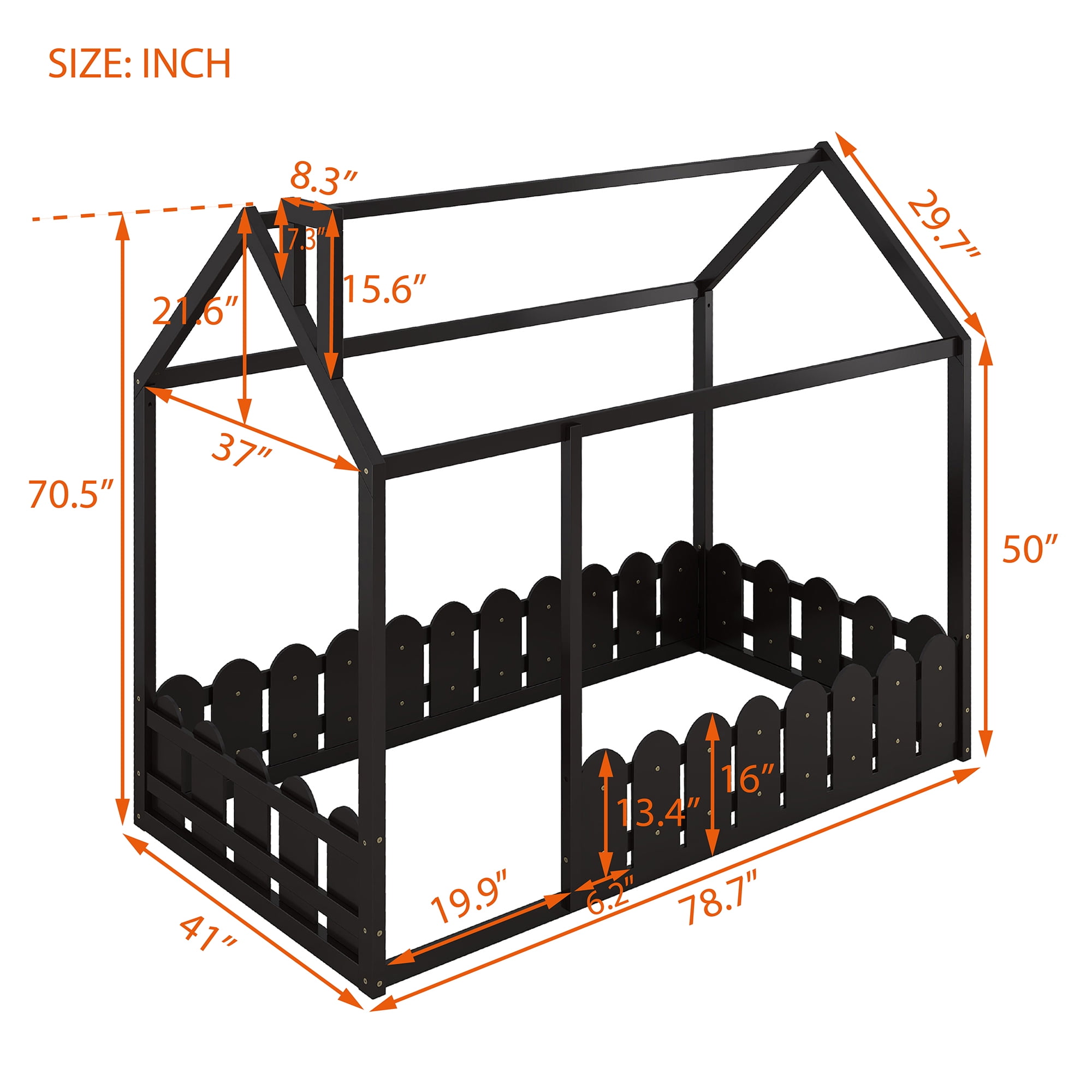 Aukfa House Bed for Kids, Wood Bed Frame with Roof and Fence, Twin Bed, Espresso
