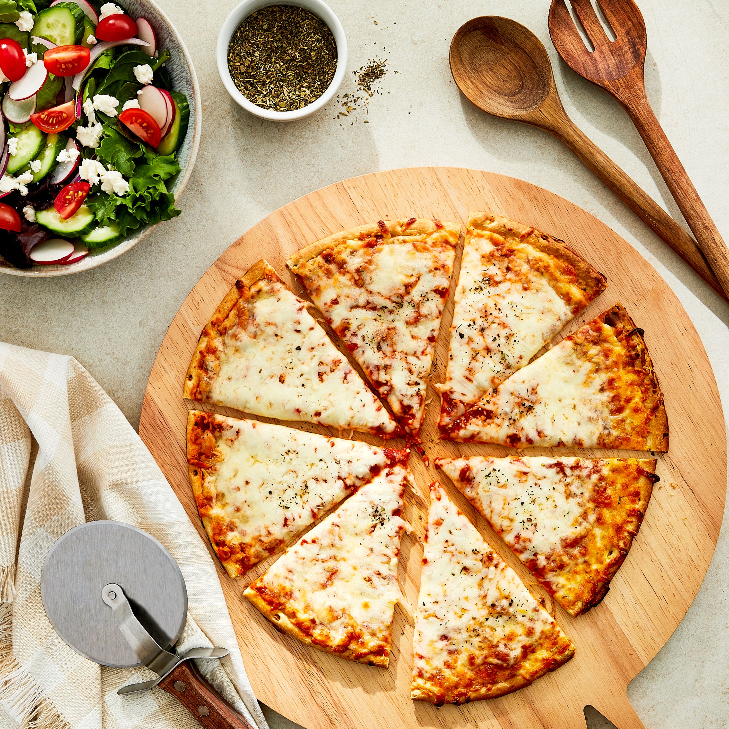 Great Value Thin Crust Four Cheese Pizza, Tomato Basil Garlic Sauce, 16.9 oz (Frozen)