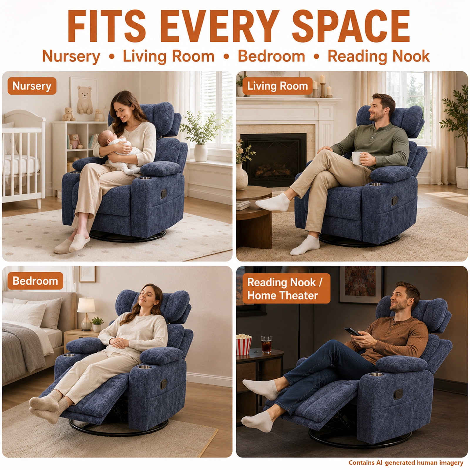 Leumius 360° Swivel Recliner Chair, Single Recliner with Adjustable Detachable Neck Pillow Ergonomic and Cup Holders, 300lbs Capacity Versatile Lounge Chair for Living Room Bedroom Home Theater