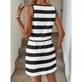 thumbnail image 2 of Black And White Striped U-Neck Sleeveless Drawstring Waist Mini Dress For Women, 2 of 8