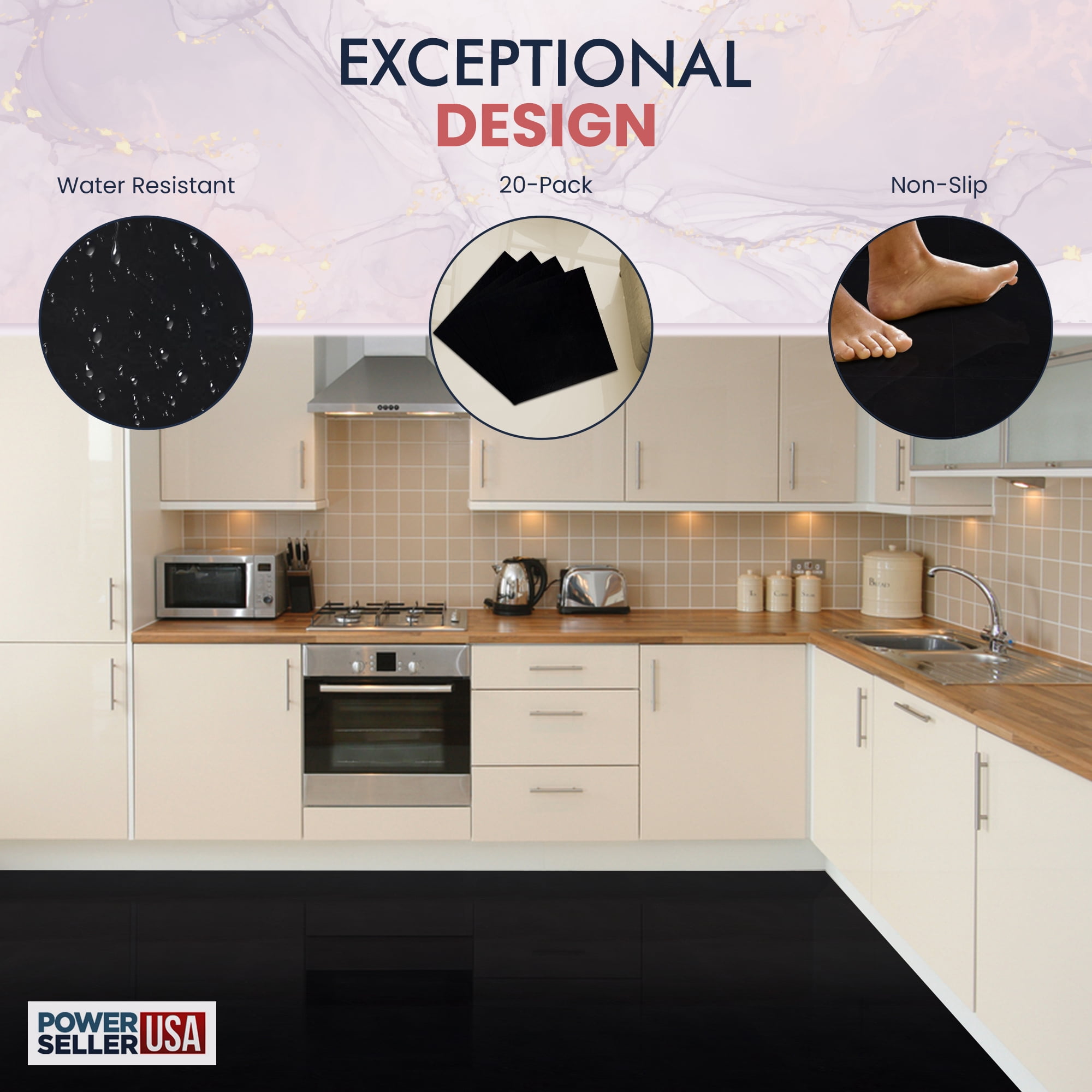 PowerSellerUSA Vinyl Self Adhesive Floor Tiles, 12x12 inches with 1.2 mm Thick Contemporary Design Peel and Stick Floor Tile Stickers, Square Flooring Tiles for Kitchen, Black Themed, Abstract