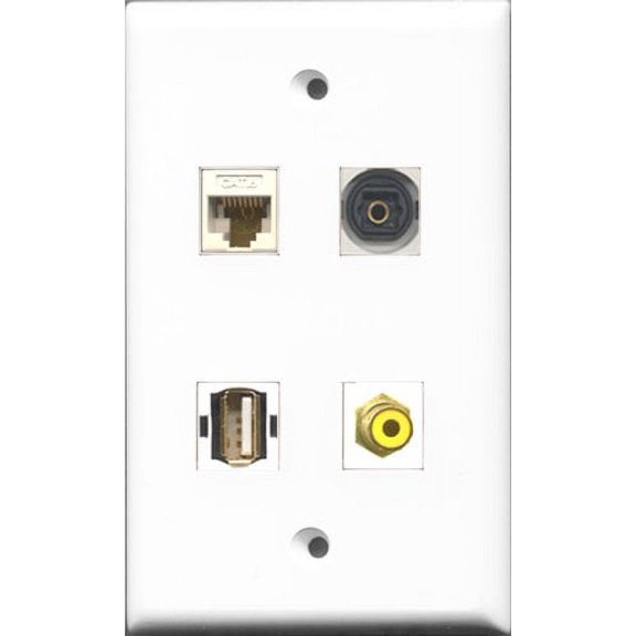 RiteAV 1 Port RCA Yellow and 1 Port USB A-A and 1 Port Toslink and 1 Port Cat6 Ethernet White Wall Plate