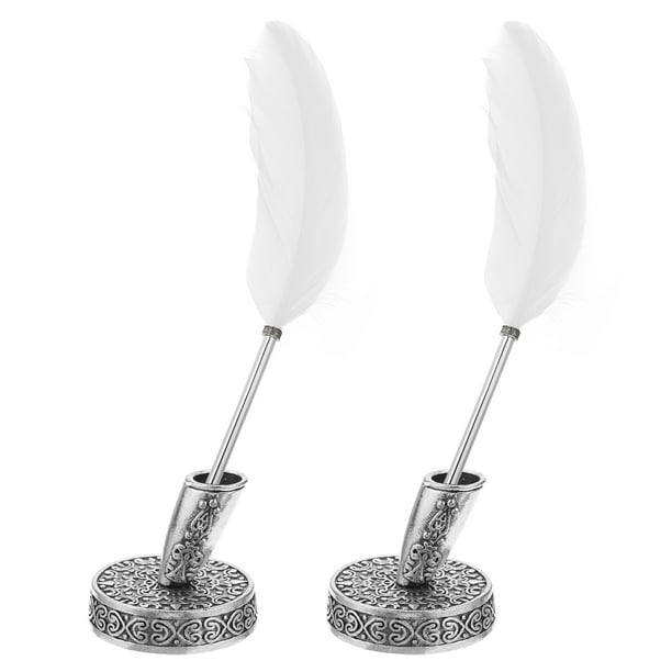 Bolígrafos de pluma de avestruz blanca Uxcell al por mayor, pluma de escritura de tinta negra con soporte de metal para oficina, firma de boda