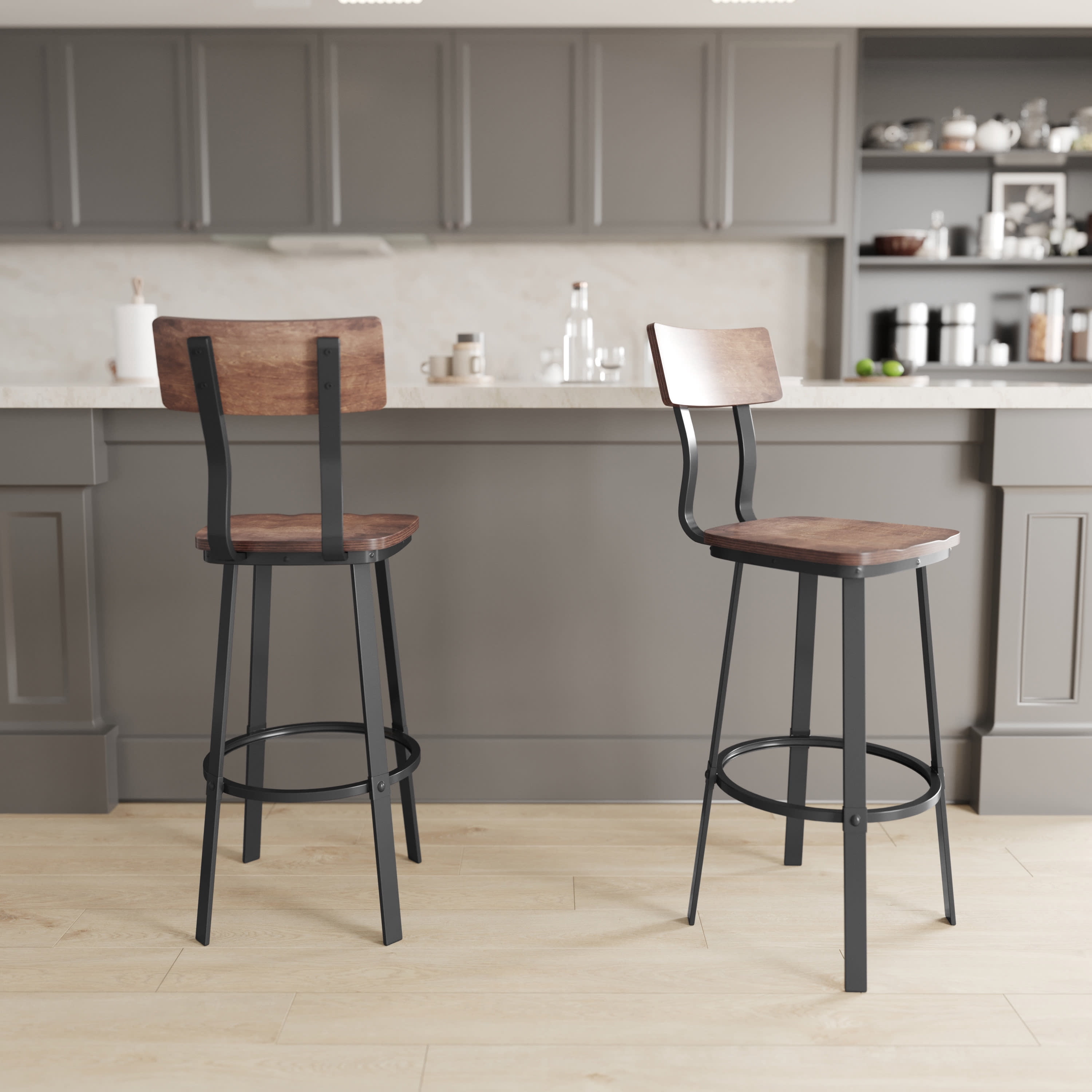 Emma + Oliver Antique Copper Dining Bar Stool with Wood Back/Seat and Gray Powder-Coated Frame