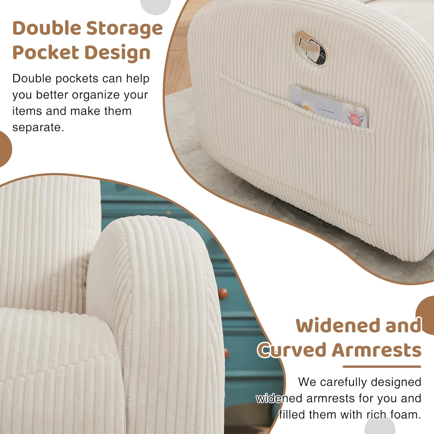 Aemeios Corduroy Swivel Rocker Glider Manual Recliner Nursery Rocking Chair with Double Pockets, White