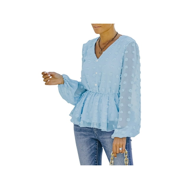Xingqing Hauts Décontractés en Chiffon pour Femmes Tunique à Manches Longues Col en V Blouse Pull Bleu L
