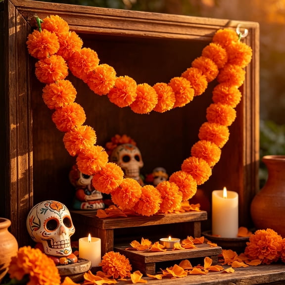 Rirozkan Artificial Marigold Flower Garland, 59.06 Inch Hanging Floral for Party, Home, Mantel, Indoor Outdoor