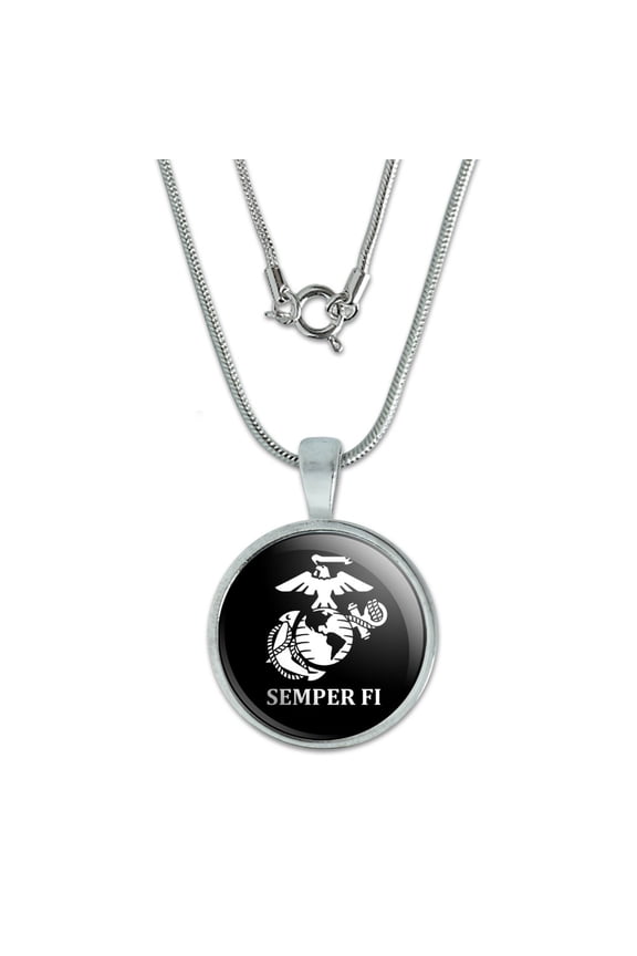 Marine Corps USMC Semper Fi Black White Logo Officially Licensed 0.75" Pendant with Sterling Silver Plated Chain