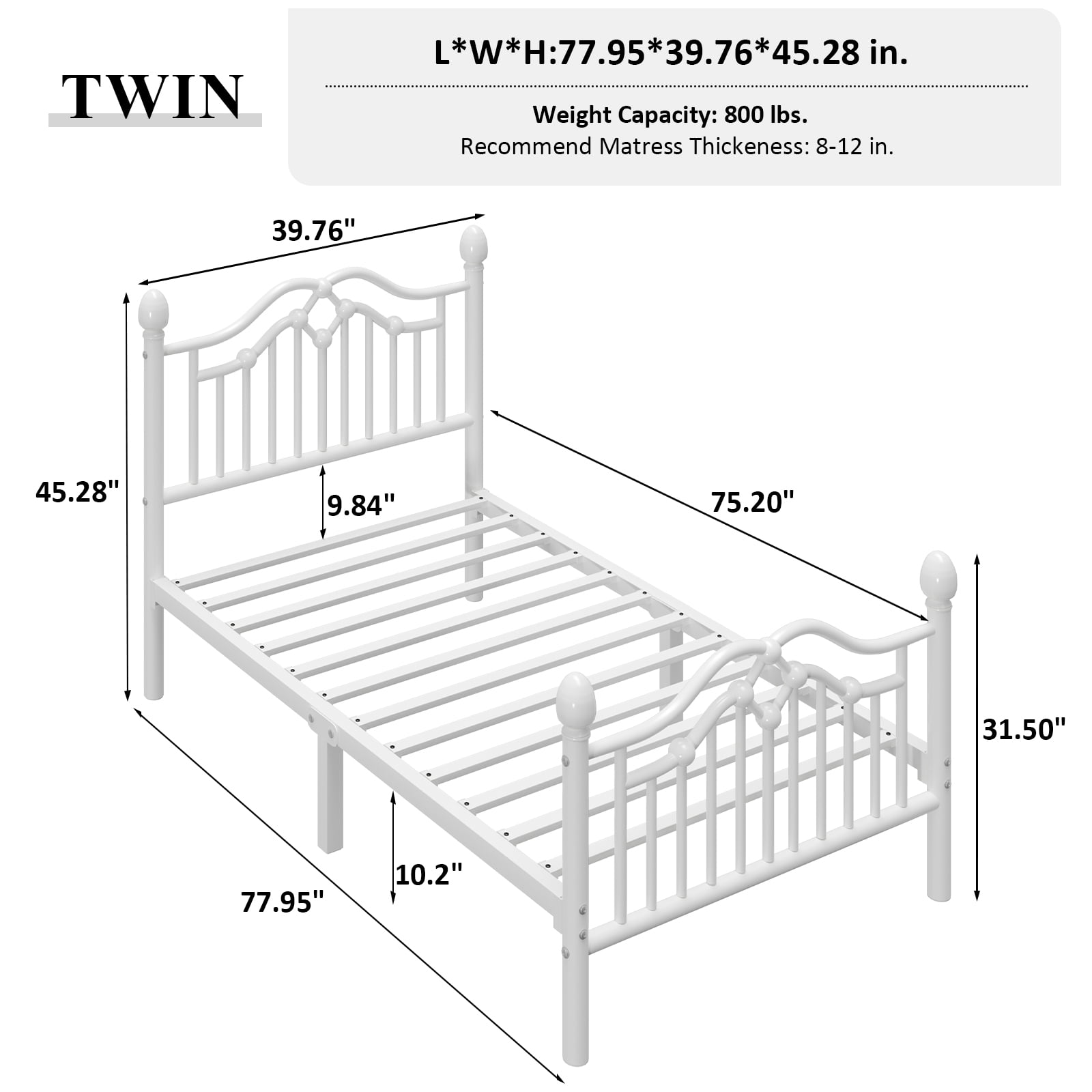 E-Ser Twin Size Metal Platform Bed Frame,Modern Headboard And Footboard,Adequate Under Bed Storage,No Box Spring Needed,White