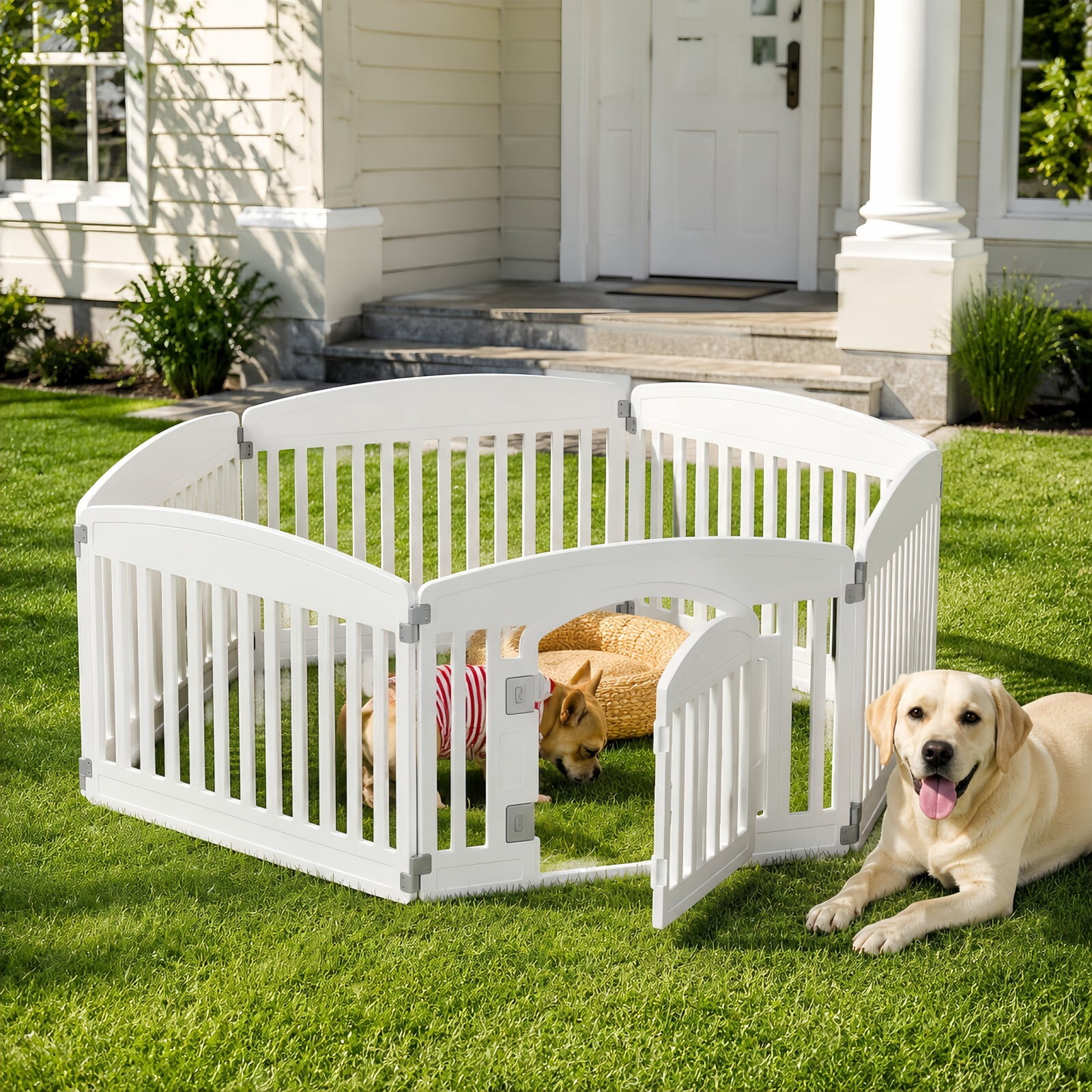 Kelno Dog Playpen 6 Panels Pet Fence with Safety Lock Non Slip Bottom, White