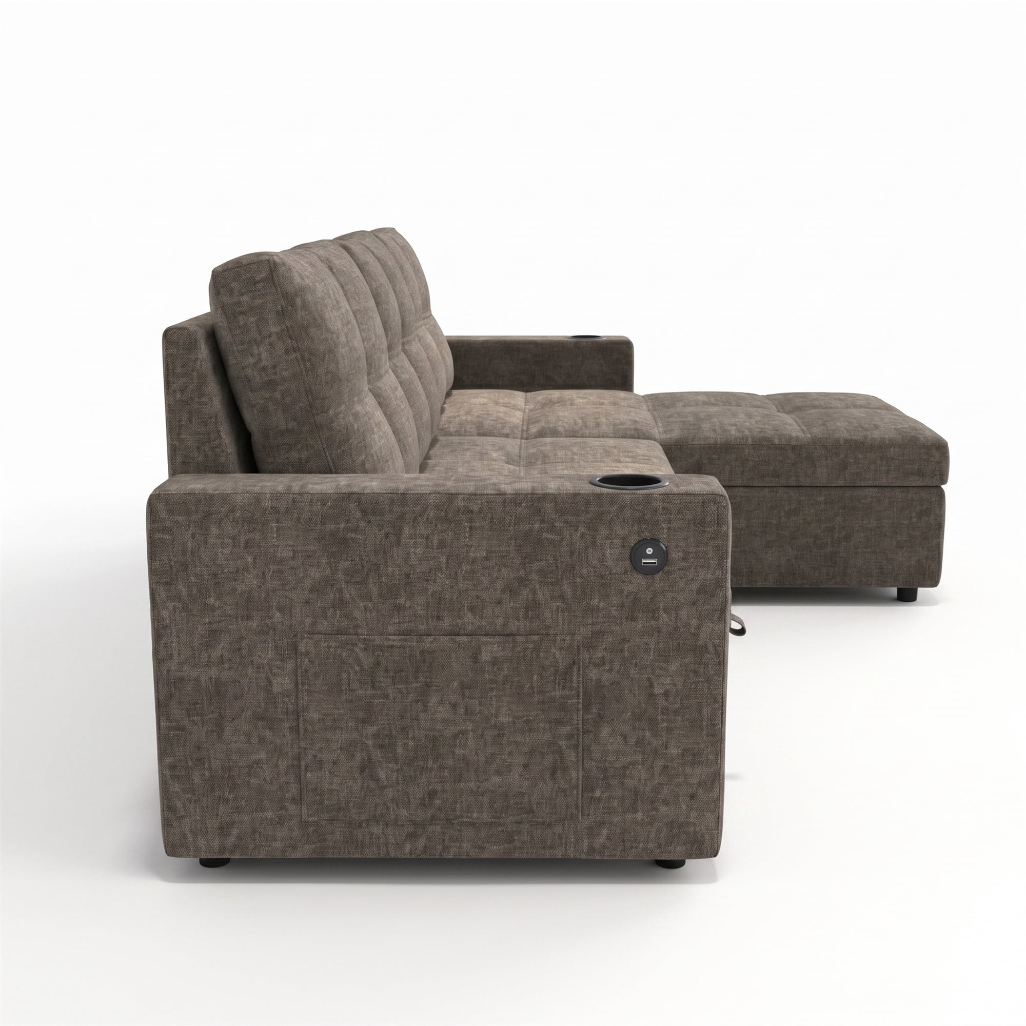 Modern Contemporary Convertible Chaise Sectional with Hidden Storage & Sleeper, Dark Grey
