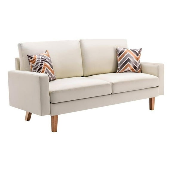 Pemberly Row Beige Linen Fabric Sofa with Square Arms and 2 Throw Pillows
