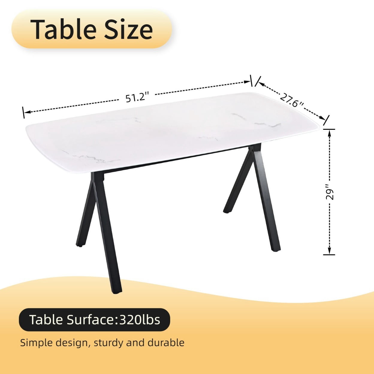 Modern Rectangular Dining Table with Faux Marble Tempered Glass Top, Black Metal Legs, Elegant Kitchen Table for Dining Room, Restaurant, Family Meals & Gatherings, White