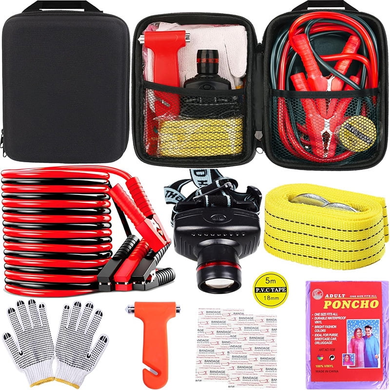 LAVUNE Car Roadside Emergency Safety Kit, Jumper Cables, Tow Straps, Headlamp, Safety Hammer and Gloves, Break‑down Supply Gift for New Drivers