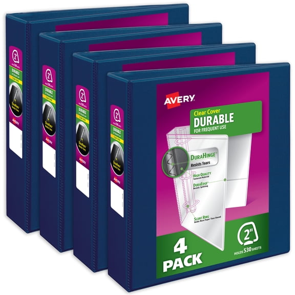 Avery Durable View 3 Ring Binders, 2 inch Slant Rings, 530-Sheet Capacity, DuraHinge, 2.8 inch Wide Spine, Customizable Clear Covers and Spine, Dark Blue Binders (4-Pack of 17034)