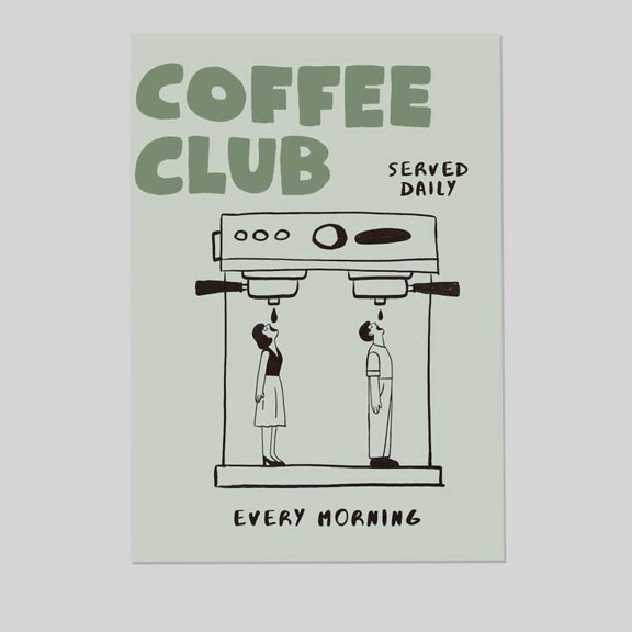 Kitchen Poster - Coffee Club Hand Drawn Retro, Fun Kitchen Illlustration - Size 24x36 - Postora