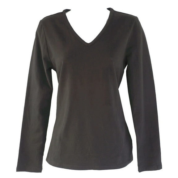 Basic Editions Black Relaxed Fit Long Sleeve V-Neck Cotton T-Shirt, Women's Small