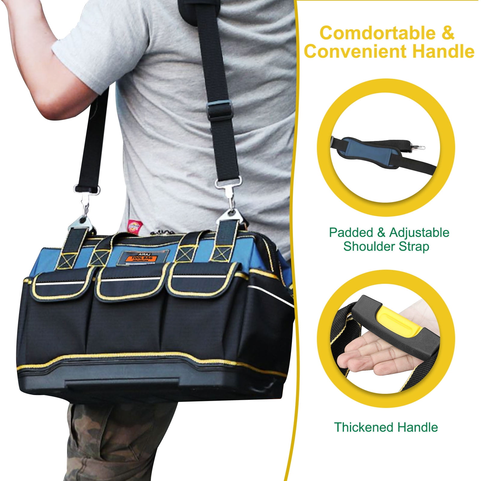 2BK 17-inch Tool Bag Tool Organizer Rubber with Base Waterproof Double Strap Carry Handle,Black