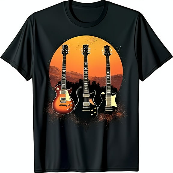 Vintage Guitars Graphic Black T-Shirt Sunset Design for Music Lovers