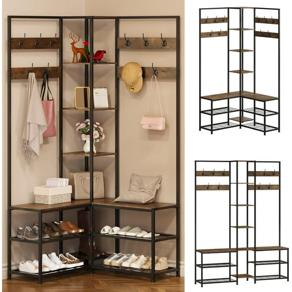 Corner Hall Tree with Shoe Rack Storage Bench Display Open Shelves Modern Industrial Entryway Coat Rack Stand for Home Living Room Mudroom Bedroom Multifunctional 5 in 1 (Rustic Brown)