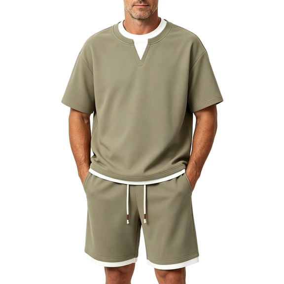 hotojiny Men's Two Piece Shorts Sets Summer Sweatsuits Casual Comfy Jogging Active Sets Stylish Color Block Matching Outfit(Green,X-Large)