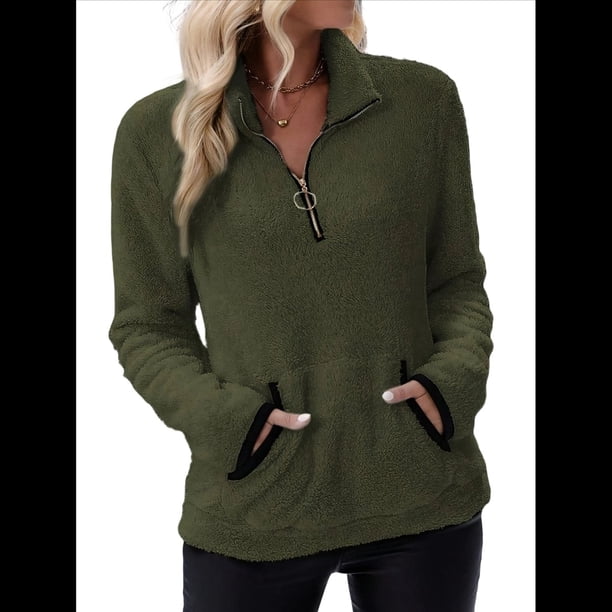 Sudadera Informal de con Cremallera de un Cuarto para Mujer, Larga, Ligera, Suave y Afelpada, con Bolsillos. Verde L
