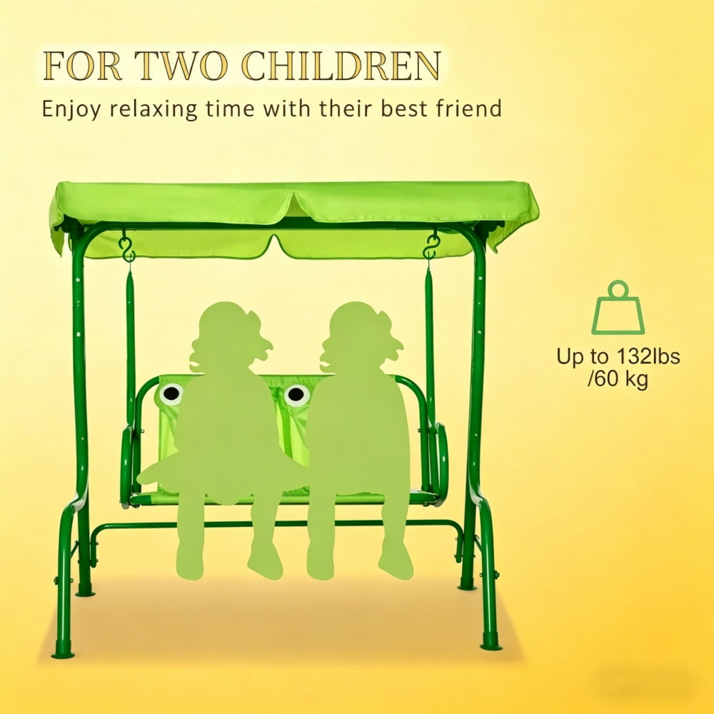 Green Double Seat Kids Swing Chair, 43.25" Steel Frame Swing with Adjustable Canopy, Safety Belts & Lion Design for 3-6 Years Old, 132 lbs Capacity