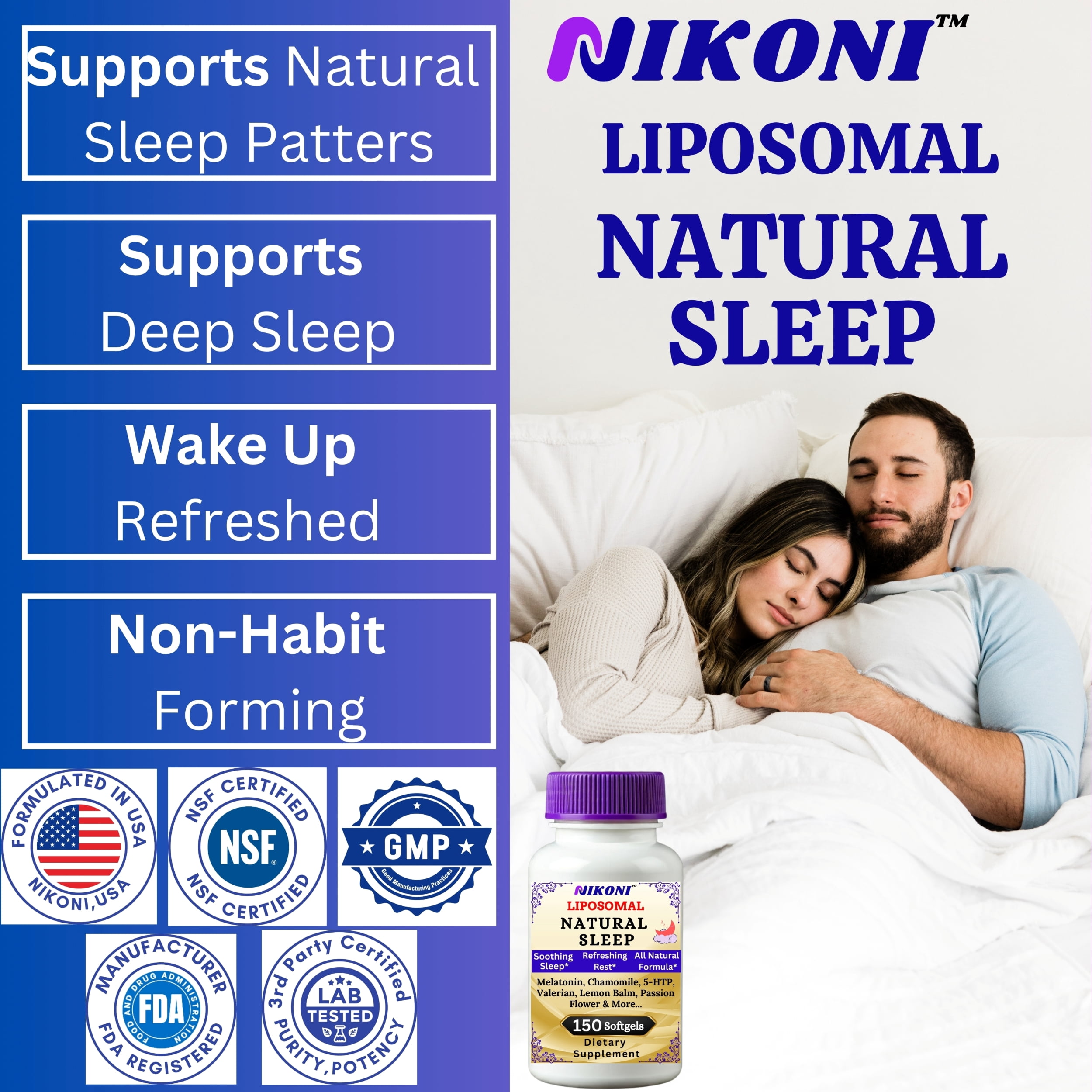 Nikoni Liposomal Sleep & Mood Support Supplement, Natural Blend for Relaxation & Emotional Wellness – 150 Softgels