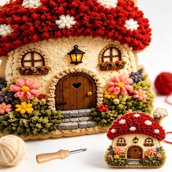 Whimsical Village 3D Fabric Poke Art Kit,Adult Creative Fabric Craft Set| Vivid Whimsical Village 3d Poke Design,Stress Relief DIY Personalized Handmade Fabric Craft Kit for Adult Beginners,D