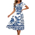 thumbnail image 4 of Karymi Easter Dresses for Women 2026 Crew Neck Short Sleeve Floral Print Midi Dress, Gathered Empire Waist Loose Flowy Summer Casual Sundress Maxi Dresses for Women, 4 of 7