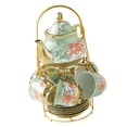 thumbnail image 4 of Juego de té de cerámica, tetera, tazas, platillo, hecho a mano, 6 plazas, marco de metal dorado, Verde, 4 of 9