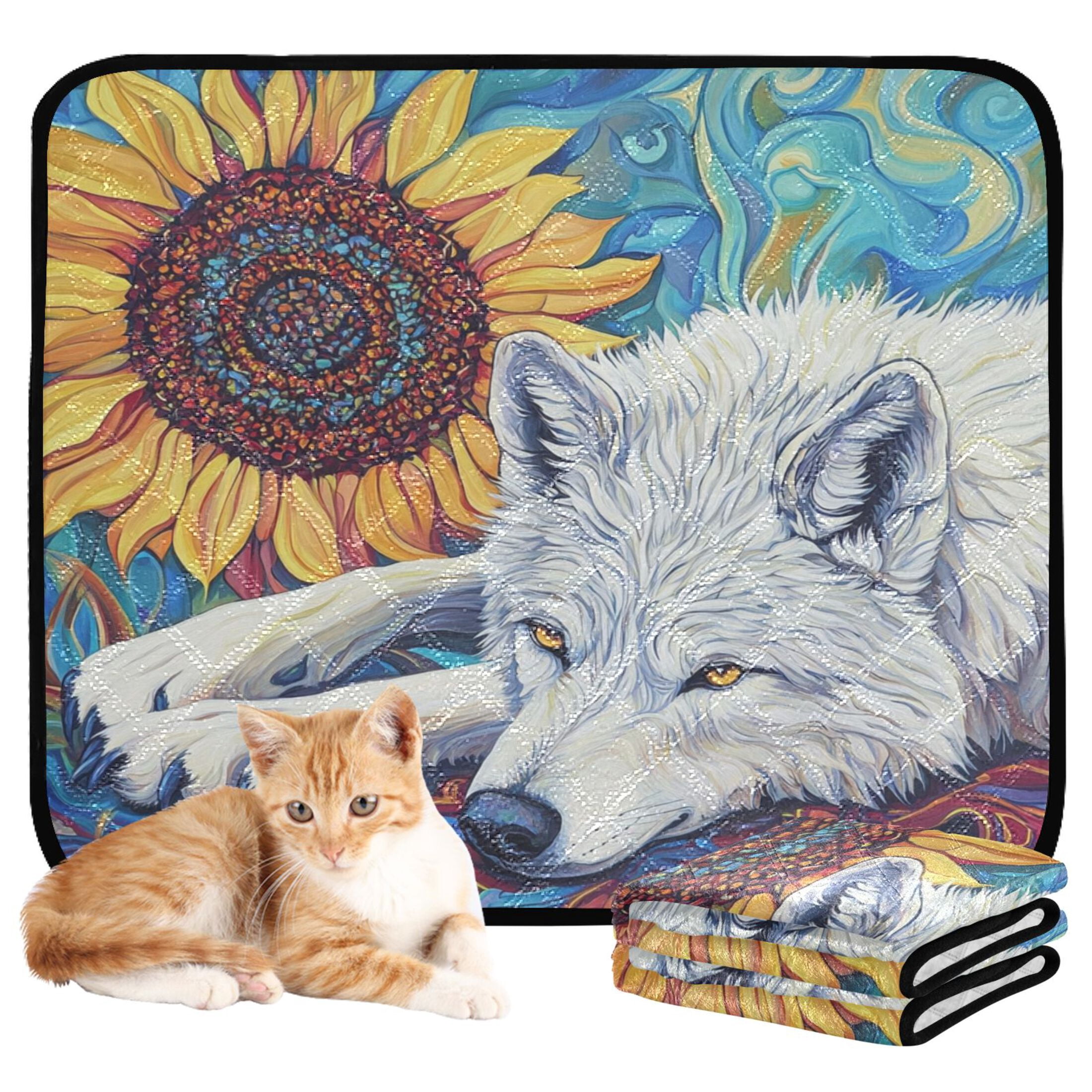 Qxltty White Wolf with Sunflower Cat litter Pads Pet Set of 2 Diaper Mats Center Anti-leakage Layer Absorbent Soft and Comfortable