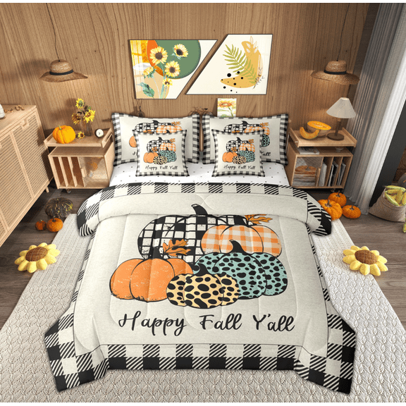 Feelyou Happy Fall Yall Bedding Comforter Set 7 Pieces, Black Grey Buffalo Full Bedding Set, Autumn Harvest Pumpkin Fitted Sheet Flat Sheet, Breathable Home Decor