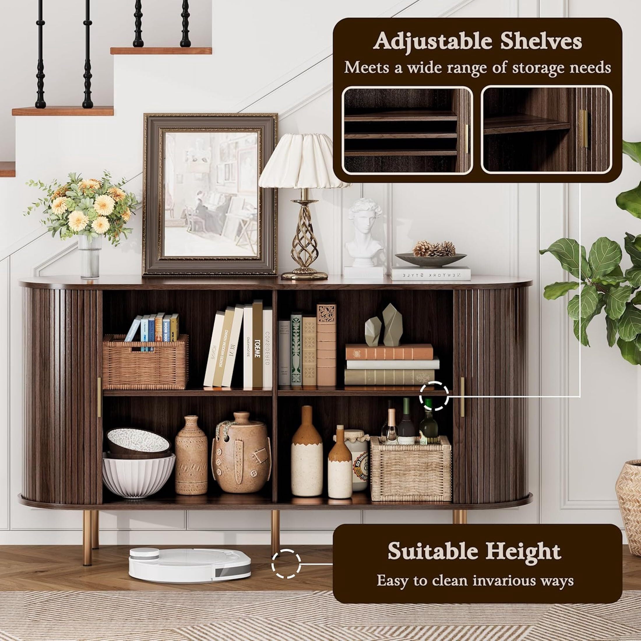 Aisword Sideboard Buffet Cabinet with Storage,Mid Century Modern Fluted Accent Coffee Bar Console Table,Tambour Sliding Doors& Adjustable Shelf for Kitchen, Living Room, Entryway, 55 Inch Dark Walnut