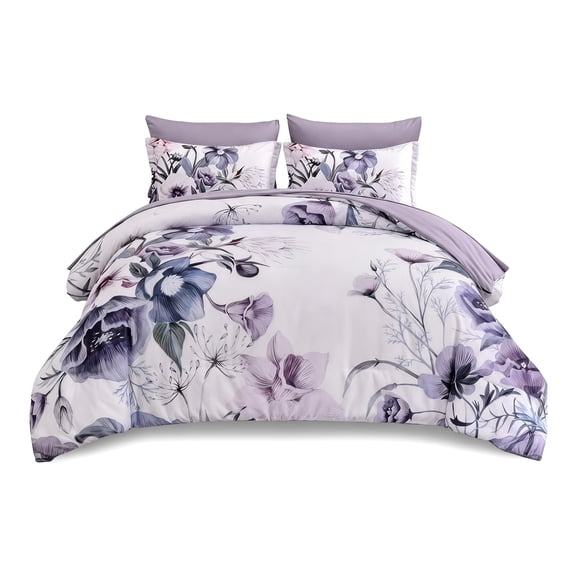 7‑Piece Queen Bed‑in‑a‑Bag Set, Purple Flower Print Microfiber Bedding with Comforter, Sheets & Pillow Covers for Bedroom