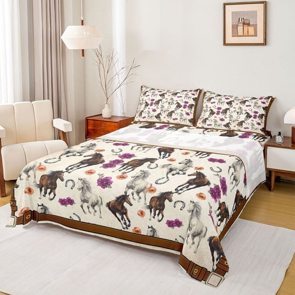 Homewish Western Horse Animal Twin Sheet Sets for Teen, Floral Flower Twin Fitted Sheet, Vintage Rustic Farmhouse Flat Sheet, Microfiber Bedroom Decor, 3pcs