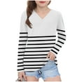 thumbnail image 2 of YUNAFFT Girls' V-Neck Long Sleeve Tops Collection - Classic Stripes Print Basic Tees, 2 of 8