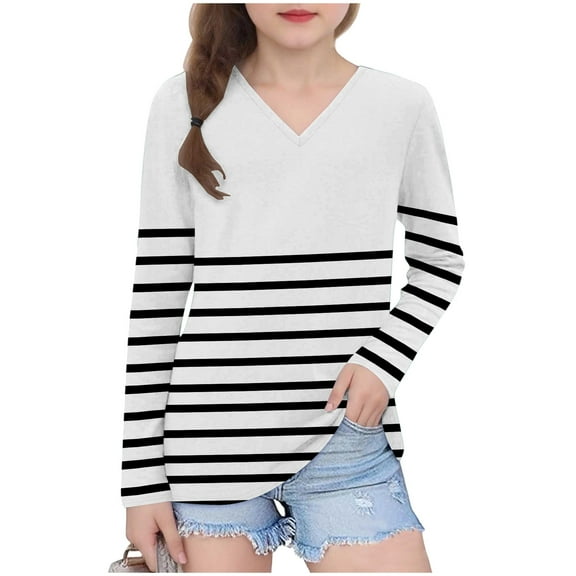 cfhntfmh Girls Striped Tshirt Long Sleeve V Neck T Shirts Color Block Tops Comfy Cute Basic Tee Tops for Kids 3-14 Years