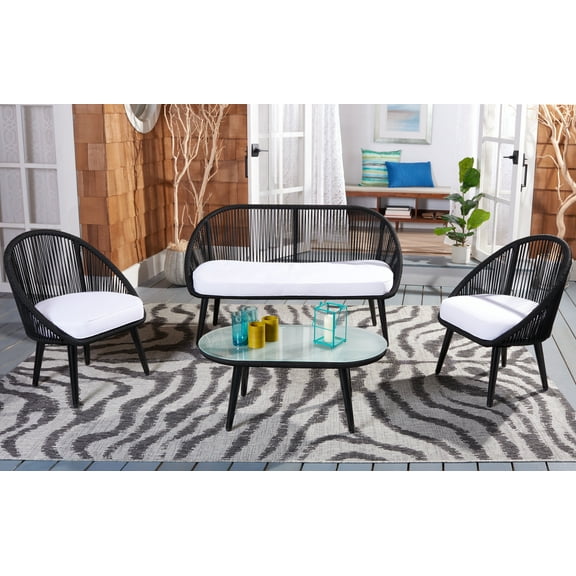 SAFAVIEH Halcott Outdoor Patio 4 Piece Conversation Set, Black/White