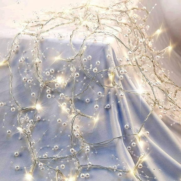 13FT Christmas White Pearl String Lights 40LED Lighted Berry Beaded Garland Festive Indoor Xmas Decoration Warm Lights for Bedroom Mantel Wedding Party Decor Battery Operated