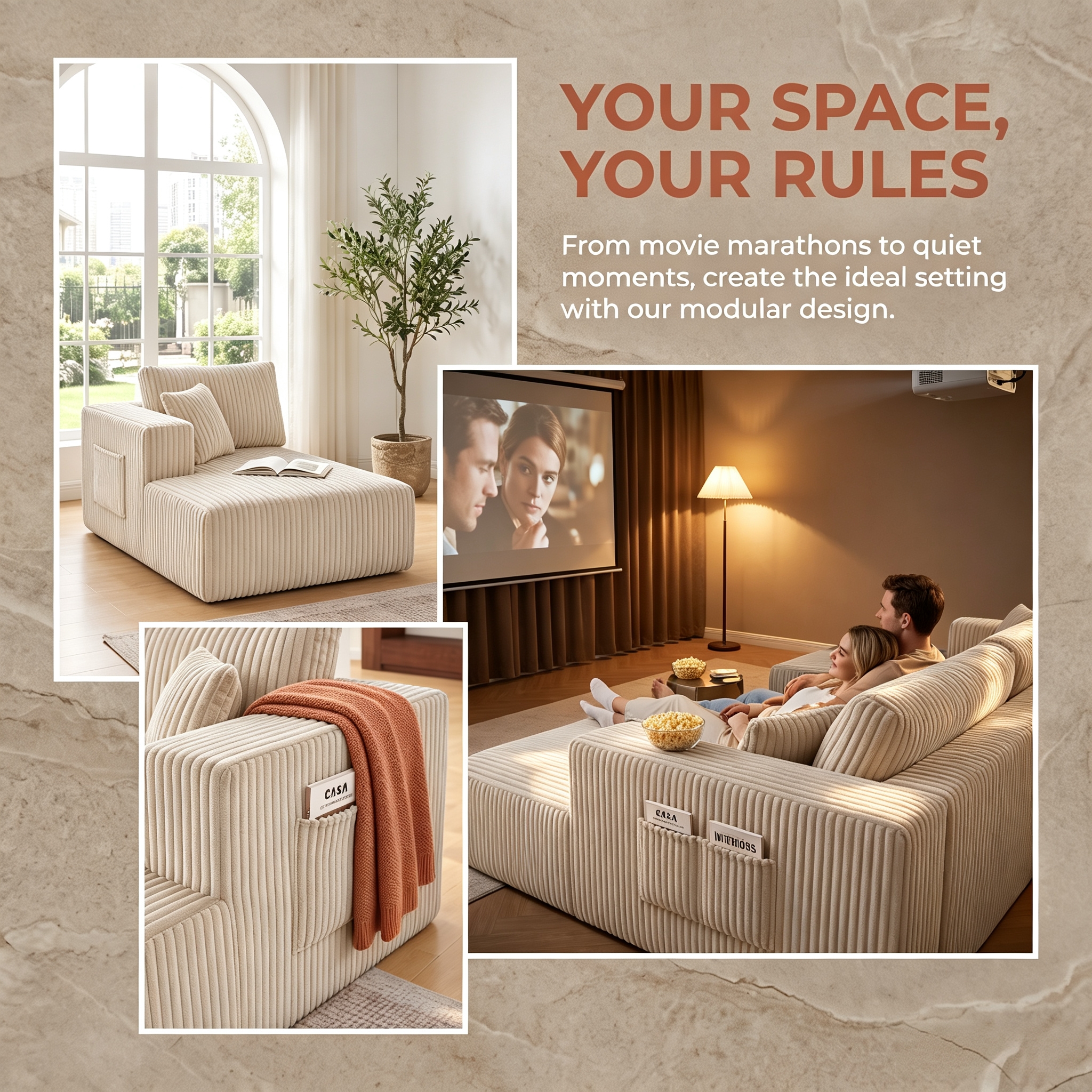 ShiKeyi 132.5" Modern U-Shaped Modular Sectional Sofa with Double Chaise, Corduroy Fabric Cloud Couch Set with Storage Pockets for Living Room, No Assembly Required, Beige