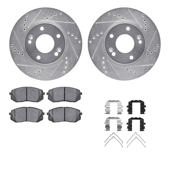 Dynamic Friction Company Front Brake Rotors-Drilled and Slotted-Silver with 5000 Advanced Brake Pads includes Hardware 7512-03097