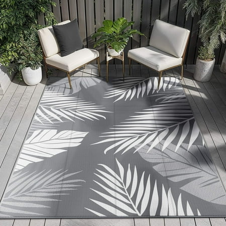 DEORAB Outdoor Rugs Patio Clearance Waterproof Plastic Camper Mat Gray & White  6 x9