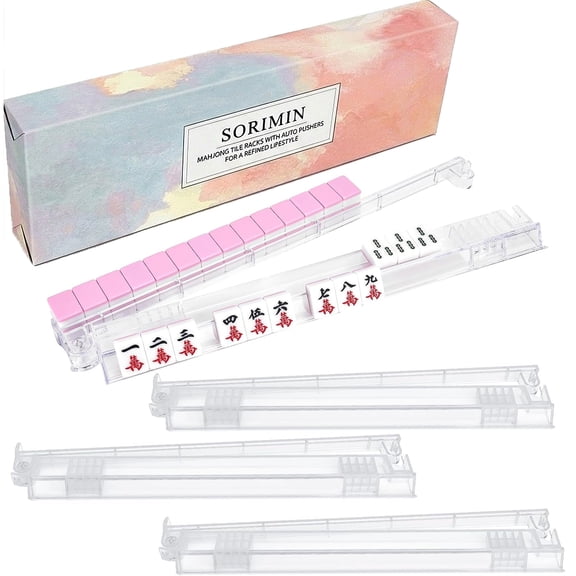 Non-Slip Mahjong Racks with Pushers 4-Pack, Clear Acrylic Tile Holders for American Mahjong, Accessories & Gifts Ready