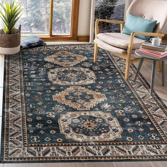 HOMERRY 8' x 10' Area Rugs for Living Room, Vintage Rug Indoor Distressed Floor Carpet Boho Rug Machine Washable for Bedroom Home Office, Blue