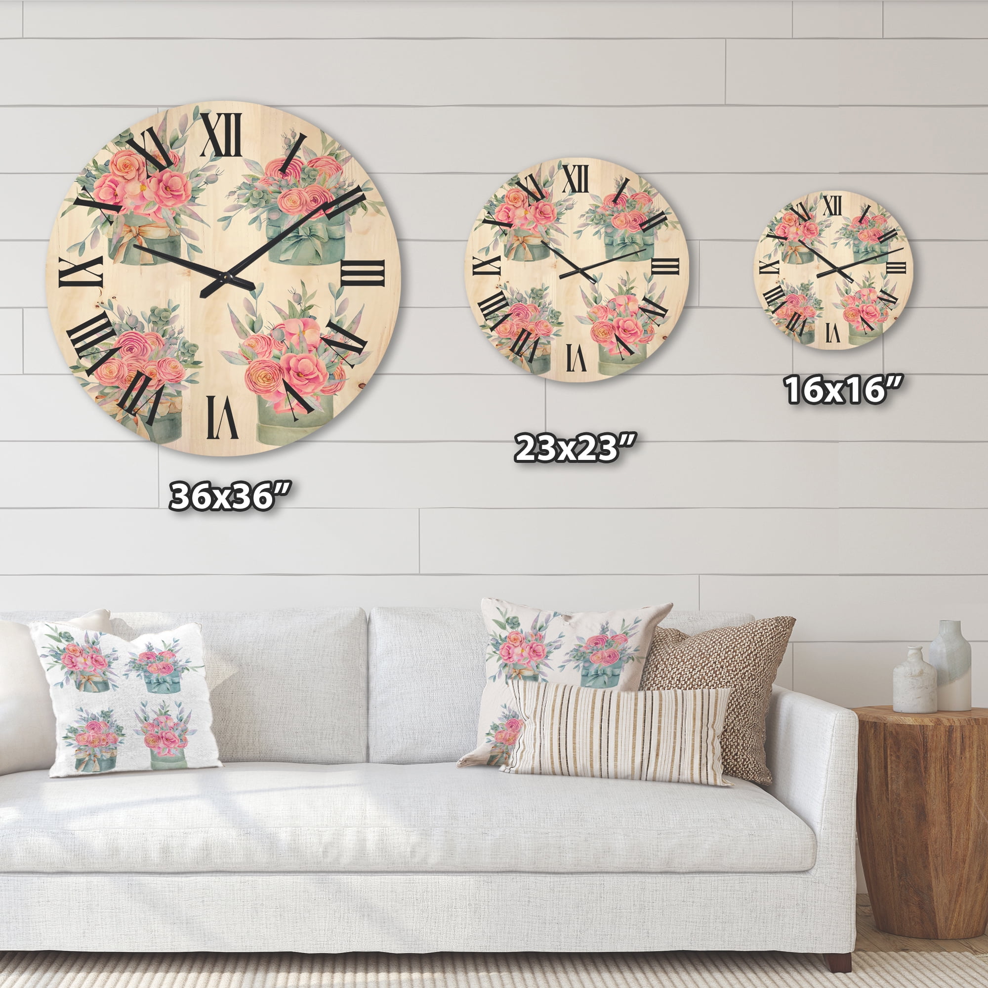 Designart 'Bouquets Collection of Pink Roses' Farmhouse Wood Wall Clock